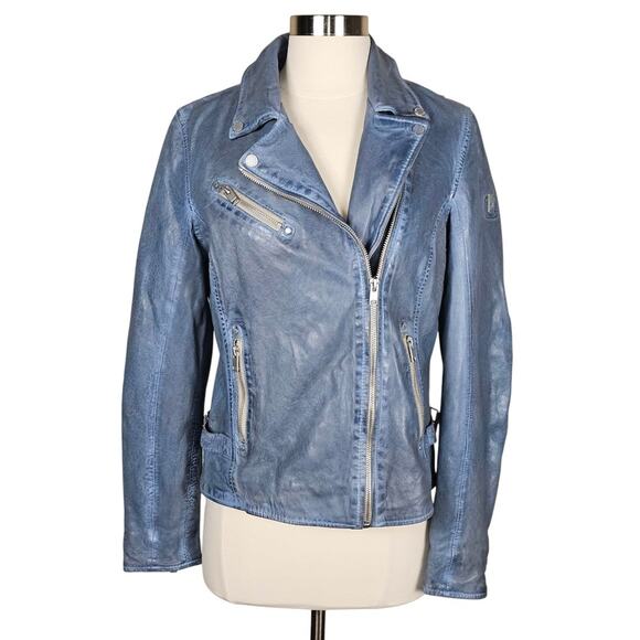 Mauritius Maysie Peace Distressed  Leather Jacket Blue Size M/8 - Picture 3 of 13